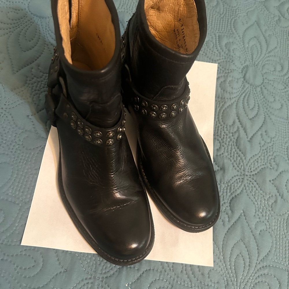 FRYE Phillips Studded Harness Short Black Leather Boots